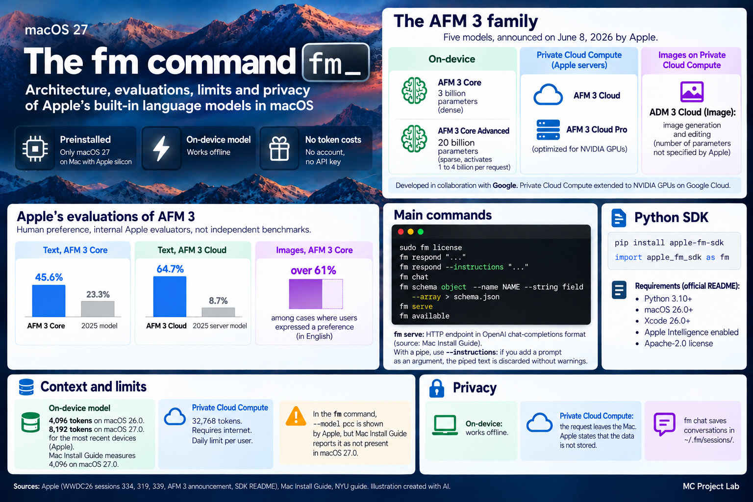 Infographic on the fm command in macOS 27: the AFM 3 family, commands, Apple evaluations, context and privacy. AI-assisted illustration.