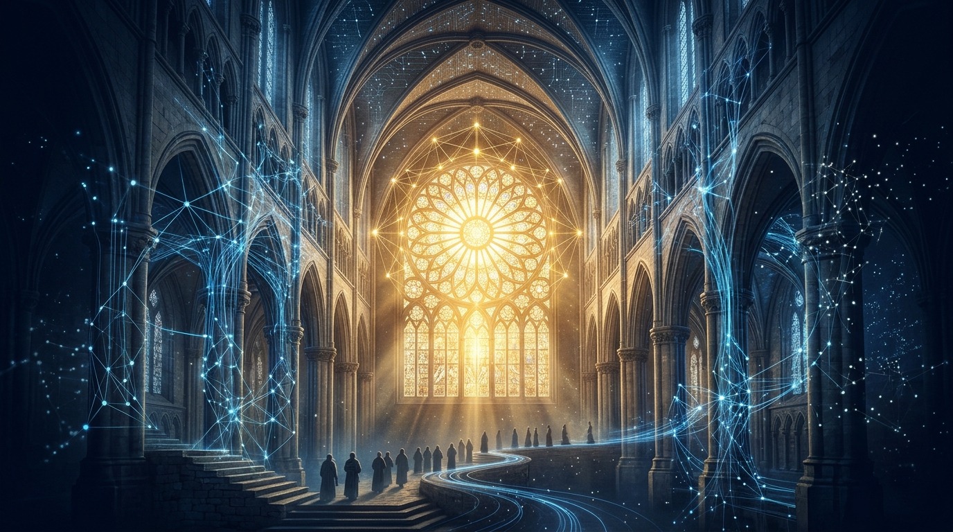 Editorial illustration on The Church and Artificial Intelligence: classical sacred architecture intertwined with luminous neural networks