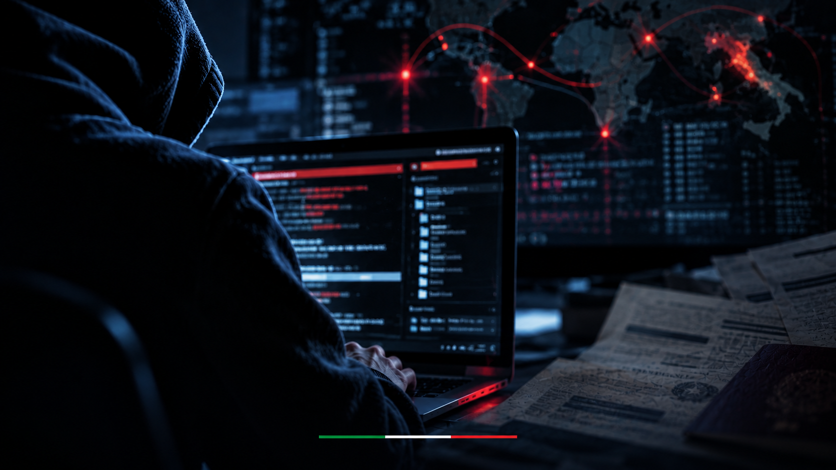 Illustrazione cyber con un operatore al portatile, collegamenti rossi su una mappa mondiale e documenti cartacei, per il caso IAmNotAVillain e gli Italy Files.