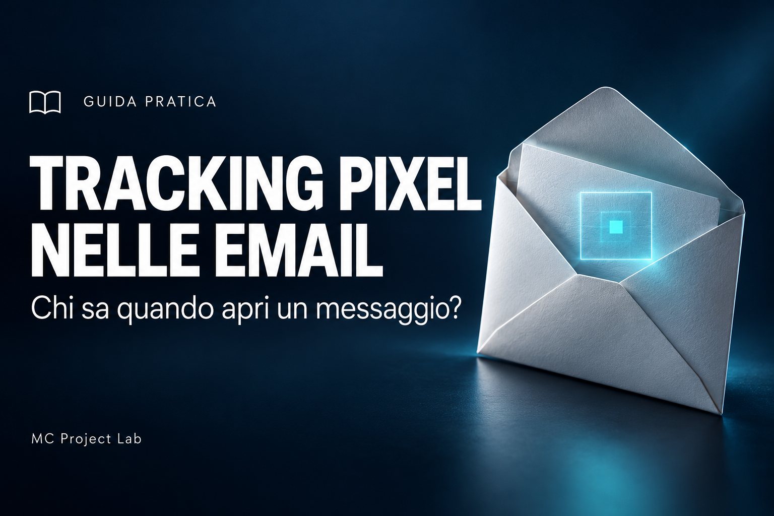 Open envelope with a glowing square at its center; the title in the image reads Tracking pixel nelle email